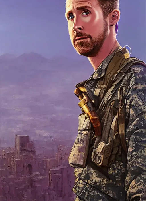 Image similar to purple scene lighting, detailed character portrait!!! concept art, older ryan gosling as a soldier with beard, short hair, in a soldier uniform, desert background, city skyline, sharp focus, illustration, highly detailed, digital painting, concept art, matte, art by wlop and artgerm and greg rutkowski, masterpiece