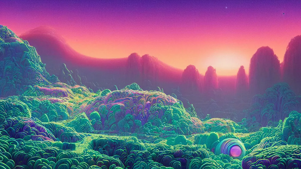 Prompt: highly detailed holographic iridescent sci fi world with forests, deserts, oceans, at dusk, by gilbert williams, by simon stalenhag, by beeple, by bruce pennington, by moebius, featured in juxtapoz, dynamic composition, octane render, with many different pastel shades of blue pink orange yellow green, beautiful lighting, prismatic