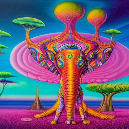 Image similar to a regal and elegant african queen with a colorful afro sitting in a cabana on top of an extremely large steampunk elephant near a pink lake with a large glowing baobab tree, by amanda sage and alex grey and evgeni gordiets in a surreal psychedelic style, oil on canvas 8k, hd