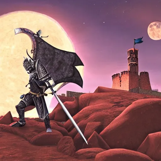 Image similar to A knight from Dark Souls, fighting a fire breathing PopTart, on top of a castle, under a full moon