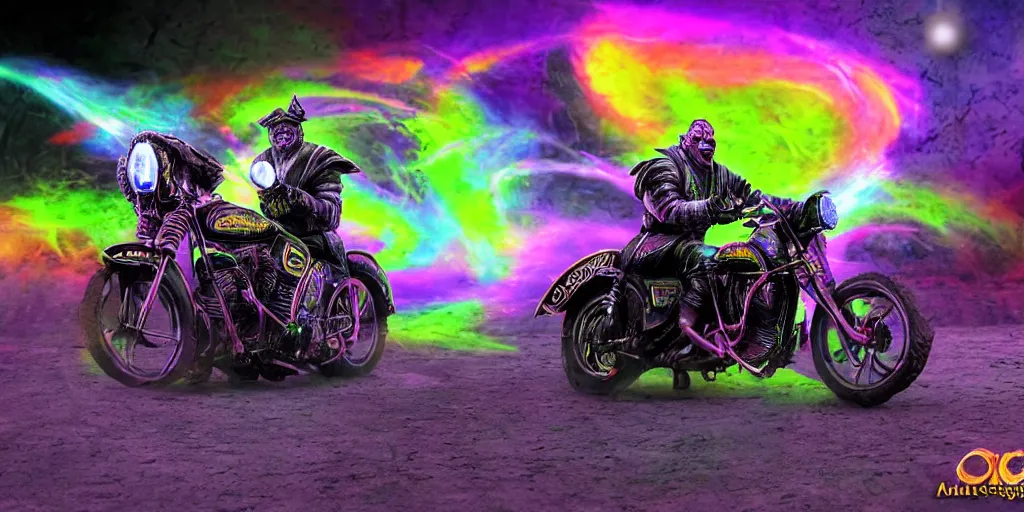 Image similar to high quality cinematic action shot of an orc doing a wheelie on a motorcycle, psychedelic blacklight airbrush art