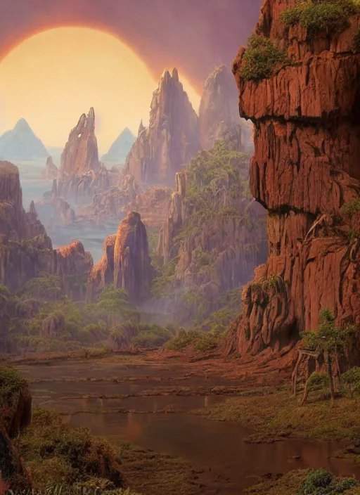 Image similar to matte painting used for cover of book by Edgar Rice Burroughs, realistic rendering, unreal engine, 4k, hdr, high dynamic range, f12, michael whelan, james gurney, high tech, star wars cavern interior