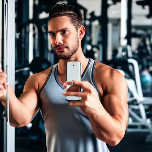 Prompt: rich young man, 3 2 years old, with short stubble, caramel - colored hair, muscles wrapped in polyester tank top, silver short leggings, taking selfie at camera in private gym