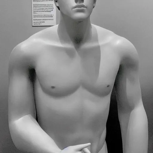 Image similar to “a realistic detailed photo of a guy who is an attractive humanoid who is half robot and half humanoid, who is a male android, actor Liam Hemsworth, shiny skin, posing like a statue, blank stare, at the museum, on display”