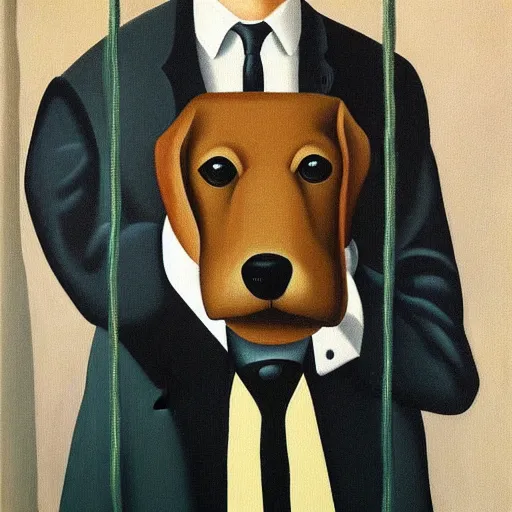 Image similar to dog in suit oil painting magritte