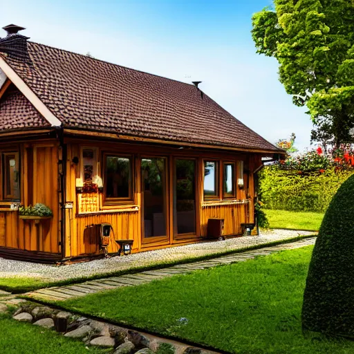 Prompt: small wooden german garden house with a plastic roofed veranda, brown, wooden fence, rembrandt style painting, extremely wide angle