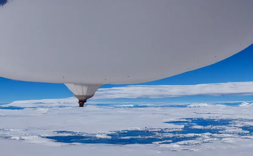 Prompt: a blimp, flying over antartica