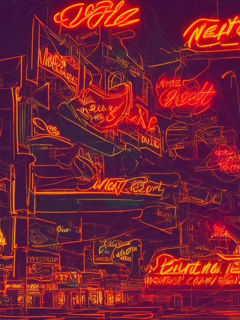 Prompt: neon signs at night with motion blur disney concept artists, blunt borders, rule of thirds