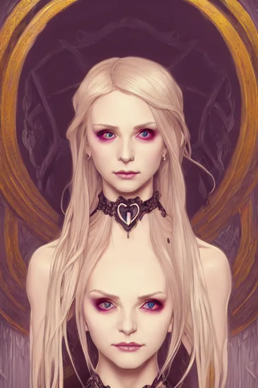 Prompt: Portrait of seductive female necromancer, D&D, revealing stylish dress, choker on neck, long blonde hair, mouth slightly open, slight nerdy smile, fantasy, intricate, elegant, highly detailed, digital painting, artstation, concept art, smooth, sharp focus, illustration, art by artgerm and greg rutkowski and alphonse mucha