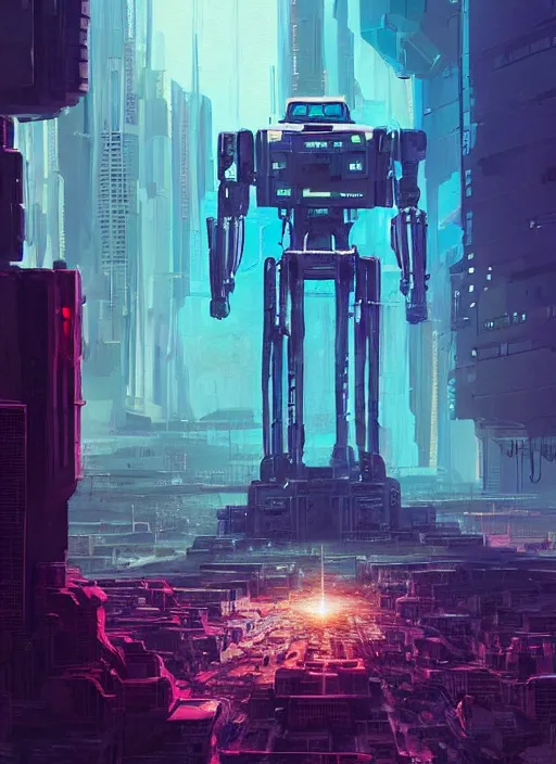 Image similar to a painting of a giant robot standing in front of a post apocalyptic city ruins, cyberpunk art by beeple, artstation hd, dystopian art, apocalypse art, sci - fi, glowing neon lights anamorphic lens flare