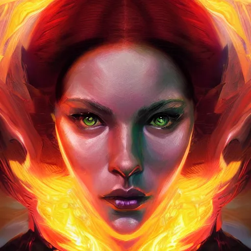Prompt: portrait of jean grey, symmetry, hyperdetailed perfect face, green eyes, comic, phoenix rising, burning flames, intricate, detailed, volumetric lighting, scenery, digital painting, highly detailed, artstation, sharp focus, illustration, concept art, ruan jia, steve mccurry