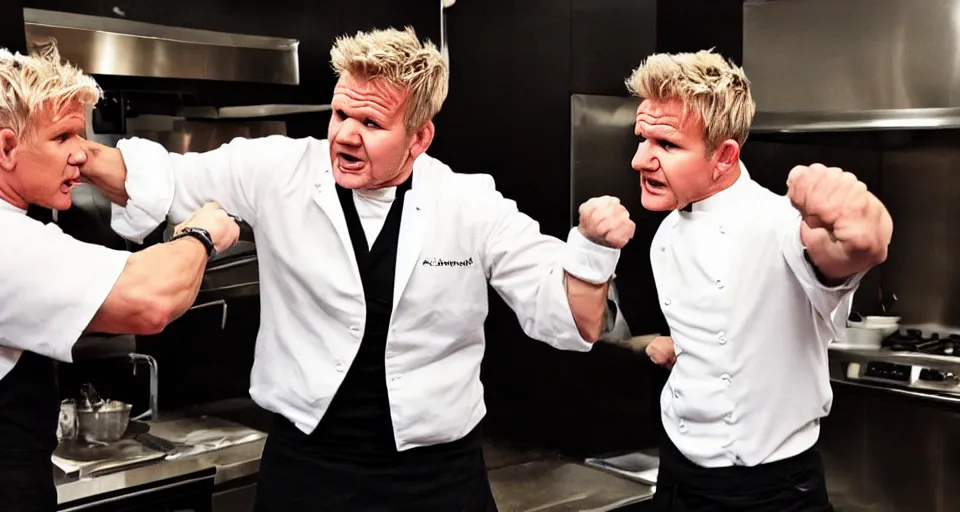 Image similar to photo of angry furious Gordon Ramsay punching Gordon Ramsay at the kitchen