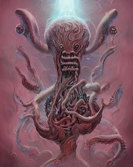 Image similar to a boss - level - meat - creature emerges from the ethereal mist, lovecraftian, hypnotic bioluminescence, by james jean and dariusz zawadzki, trending on artstation.