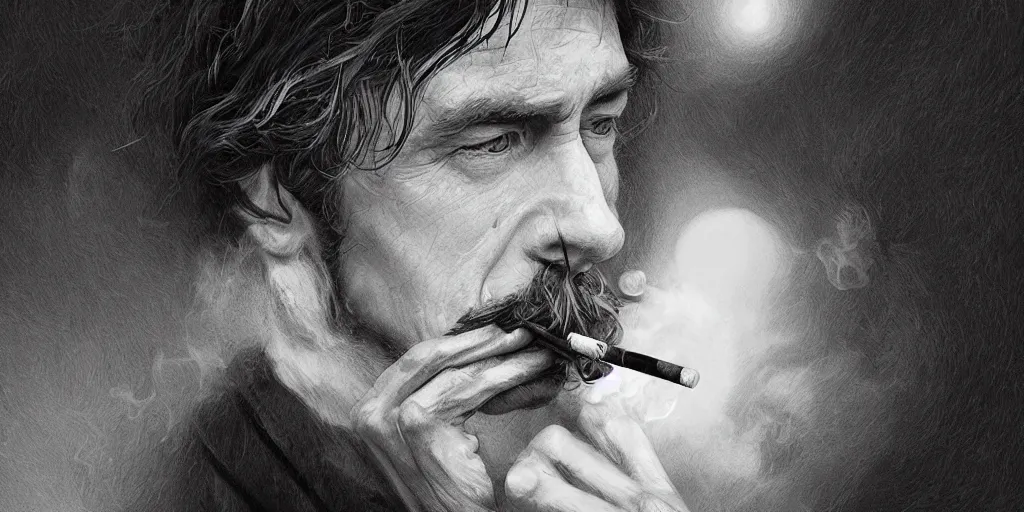 Prompt: epic hyperdetailed portrait of a man smoking a cigarette, by nicholas delort, highly detailed matte painting, digital painting, artstation, concept art, smooth, graphic black and white. intricate, elegant.