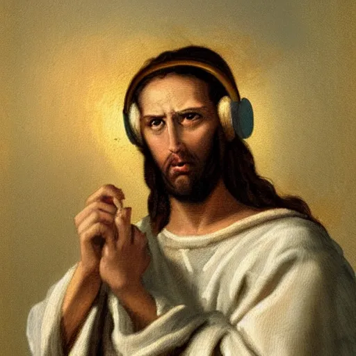 Prompt: 18th century painting of angry looking Jesus with a headset on holding a xbox controller