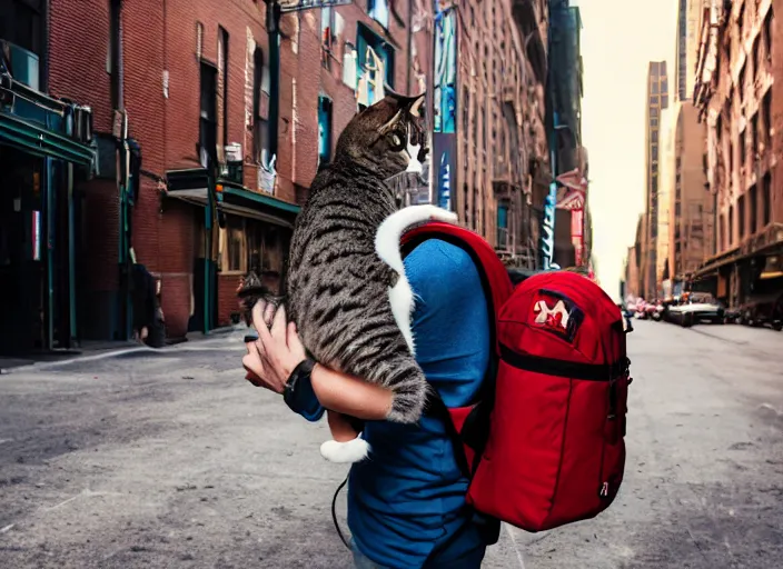 Image similar to photography of a Cat being carried in a backpack . in a new york street. award winning photo, led lighting, night, 130mm, sharp, high res