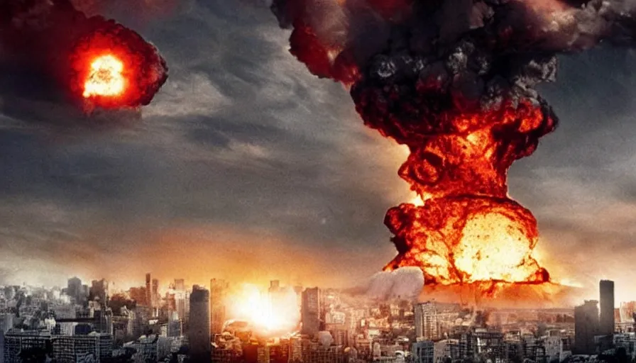 Image similar to big budget action movie about a nuclear explosion destroying a city