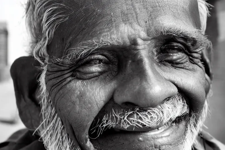 Image similar to still photo of an indian old man smiling at the camera on the street, black and white color aesthetic, highly detailed, photorealistic portrait, bright studio setting, studio lighting, crisp quality and light reflections, unreal engine 5 quality render