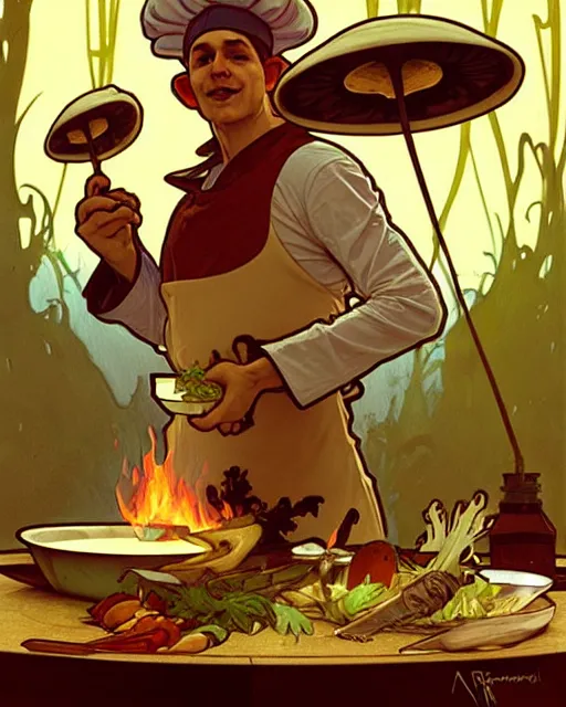 Image similar to an anthropomorphic mushroom chef cooking a meal, art by greg rutkowski and alphonse mucha