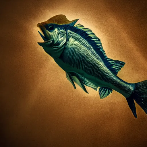 Prompt: photograph of a fish with human arms, under water, sunbeams