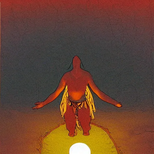 Image similar to sunset in a desert, shaman doing a ritual, energy streams, magic, drawing by moebius