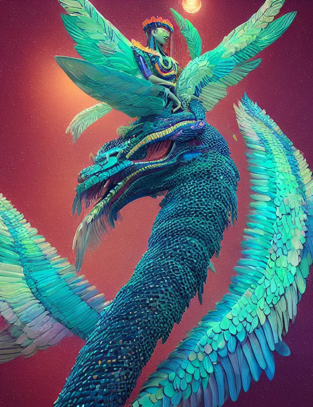 Image similar to goddess macro 3 / 4 profile portrait of quetzalcoatl. quetzal, feathers, bioluminiscent, creature, super intricate ornaments artwork by tooth wu and wlop and beeple and greg rutkowski