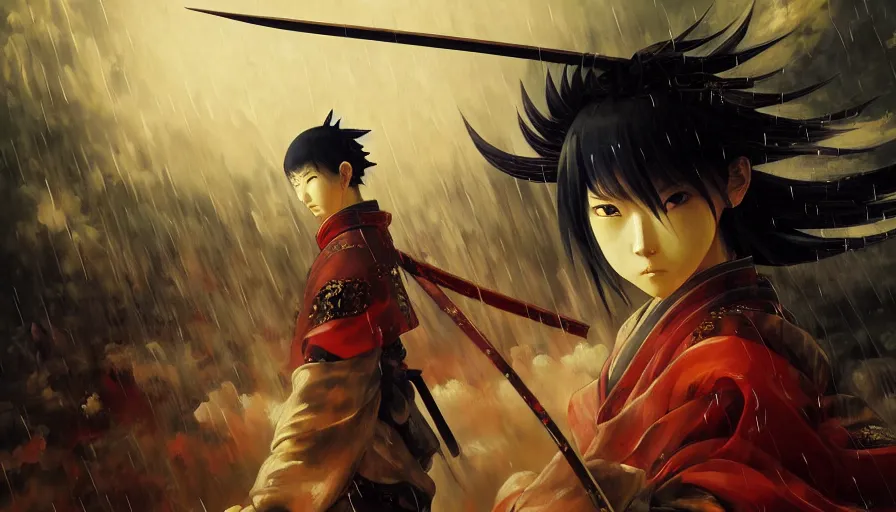 Image similar to baroque oil painting of key visual great samurai war, female samurai, rain, storm, final fantasy, fake detail, trending pixiv fanbox, acrylic palette knife, style of makoto shinkai takashi takeuchi yoshiyuki sadamoto greg rutkowski chiho aoshima