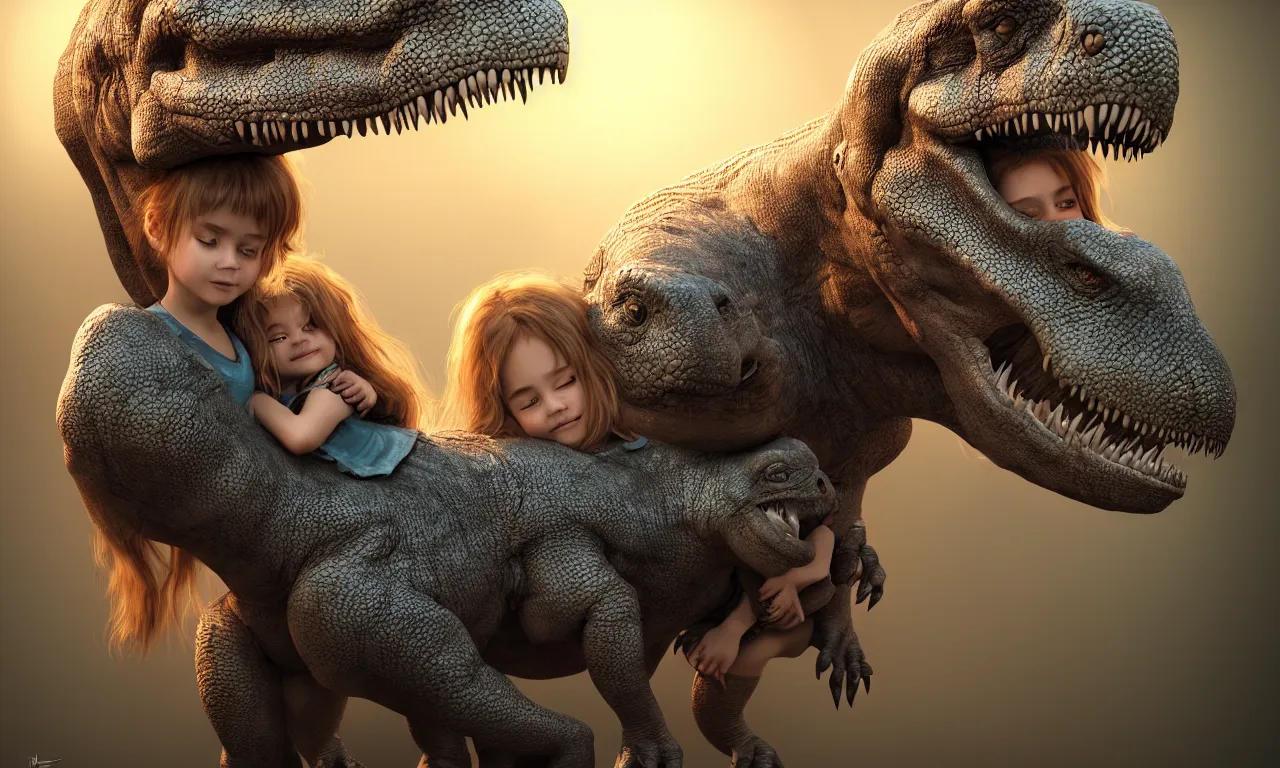 Image similar to portrait of a little girl cuddling with her beloved tyrannosaurus, very high detail, raytracing, back light, raymarching, by ilm, by digital domain, by weta digital