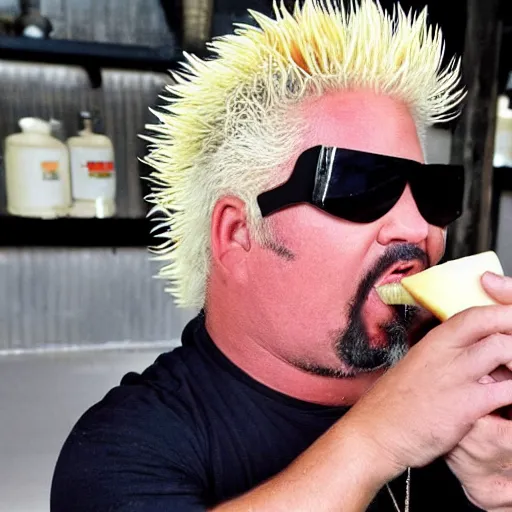 Prompt: guy fieri drinking cheese milk from the teat of a cheese goat