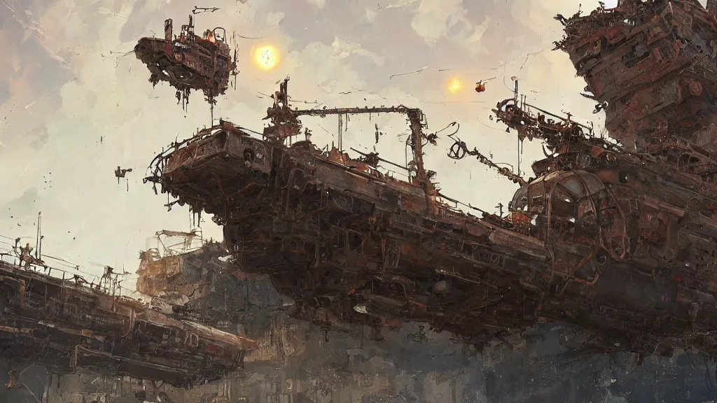 Image similar to A flying rusty ship in the evening sky, intricate, detailed, oil on canvas, concept art, by Ian McQue