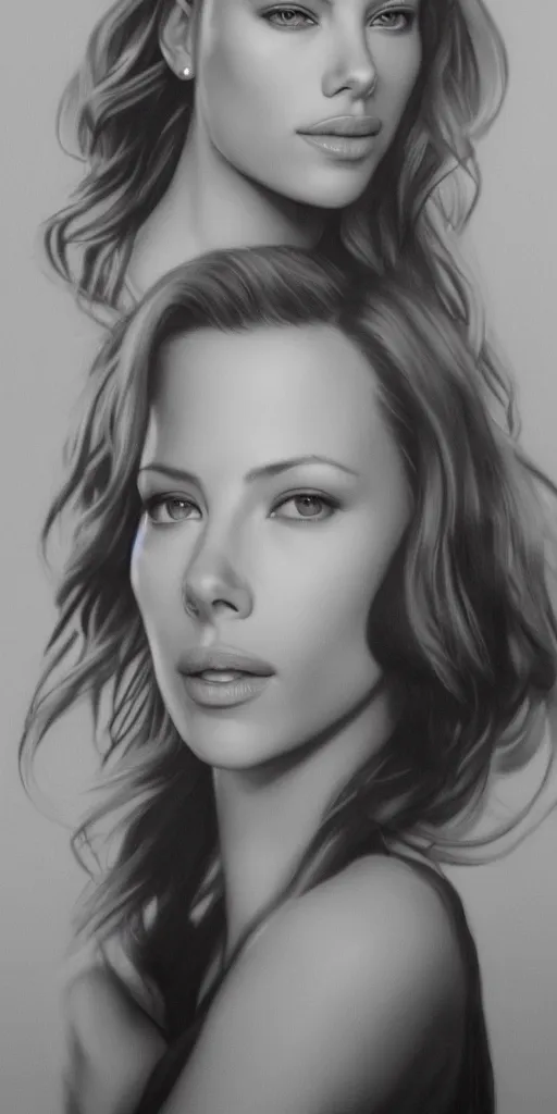 Image similar to shy scarlett johansonn and kate beckinsale poster, grayscale, uniform, photo realistic