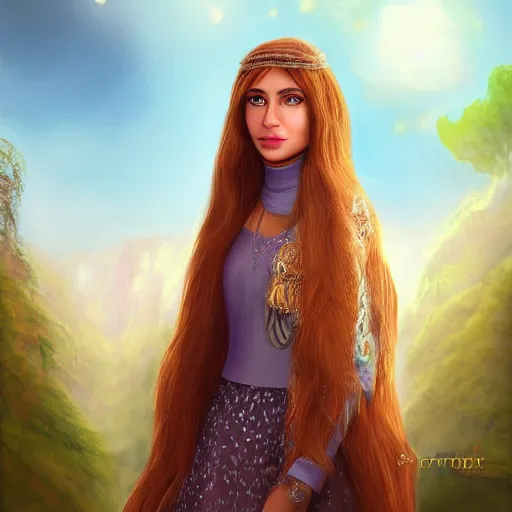 Prompt: portait princess latifa raafat, centred, very long hair, hd, unreal engine, art digital painting, amazing background theme