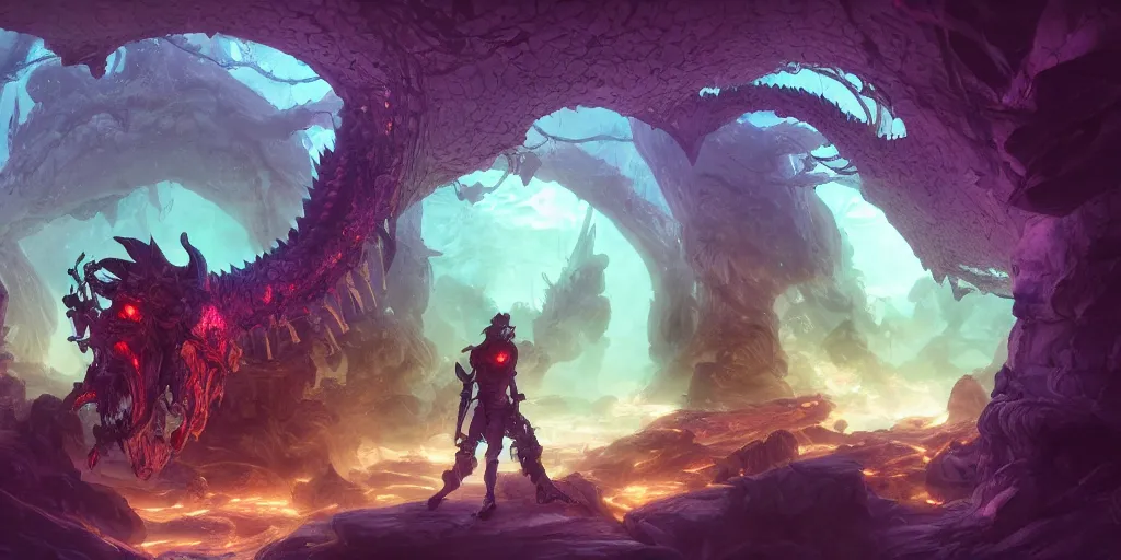 Prompt: A digital intricate illustration concept art of a silhouette of a dragon skull cyborg in a color lit cave at night, stunning massive ornately inspired art by Renato muccillo and Andreas Rocha and Johanna Rupprecht + dofus colors, wakfu colors + symmetry + natural volumetric lighting, realistic 4k octane beautifully detailed render, 4k post-processing, highly detailed, intricate complexity, epic composition, magical atmosphere, cinematic lighting + masterpiece, trending on artstation