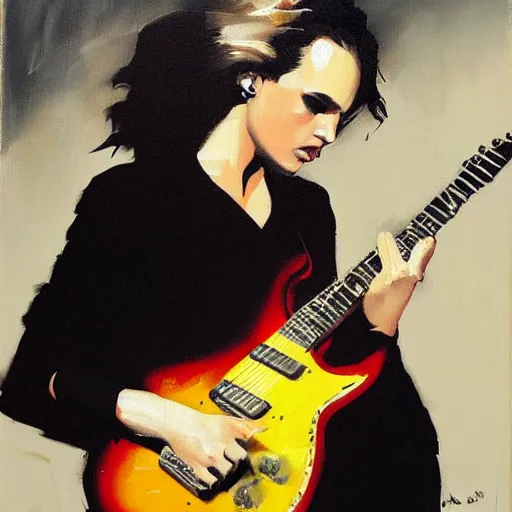 Image similar to Anna Calvi playing electric guitar, oil painting by Phil Hale