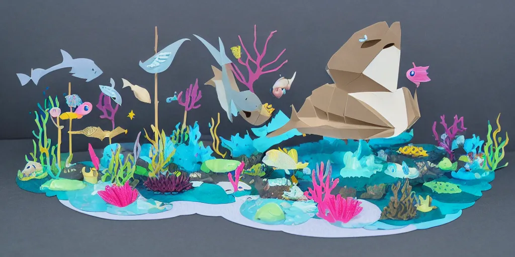 Image similar to paper craft diorama of an underwater party with a king shark and a mermaid