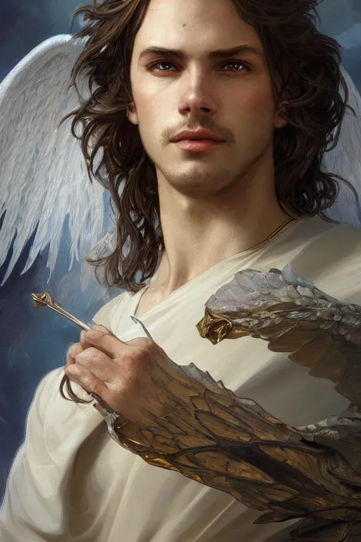 Image similar to up close portrait of a male angel, d & d, face, fantasy, intricate, elegant, highly detailed, digital painting, artstation, concept art, smooth, sharp focus, illustration, art by artgerm and greg rutkowski and alphonse mucha