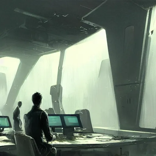 Image similar to concept art by greg rutkowski, a very tall, and slender man with short black hair, sitting with the crew in the ship's control room, brutalist futuristic interior, dark lighting atmosphere, detailed portraits, nostalgic atmosphere, scifi, digital painting, artstation, concept art, smooth, sharp foccus ilustration, artstation hq