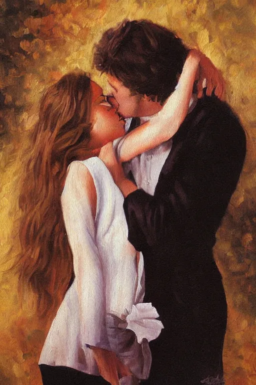 Image similar to man kisses girl beautiful harmony oil painting