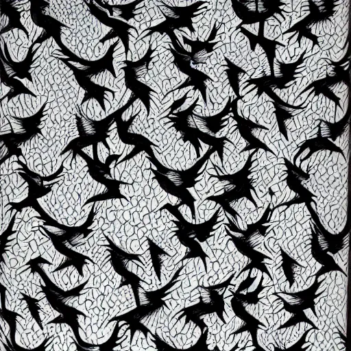 Image similar to white wolves transitioning into black geese by mc escher, aerial view, scared black geese flying, angry white wolves with teeth, hexagonal pattern, intricate details, ink shading, ink dots, mathematical interlocking, screen print, frameless