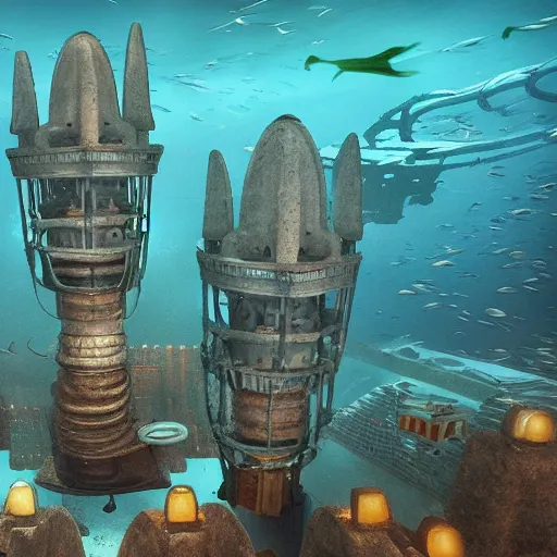 Image similar to an underwater city with submarine transporting people