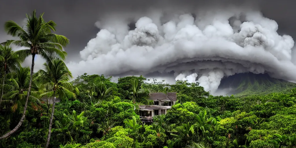 Image similar to atomic blast over a Hawaiian villa in the middle of an tropical forest, ominous Sky, gloomy atmosphere, cinematic, mist, High definition, 8k, ultra detailed