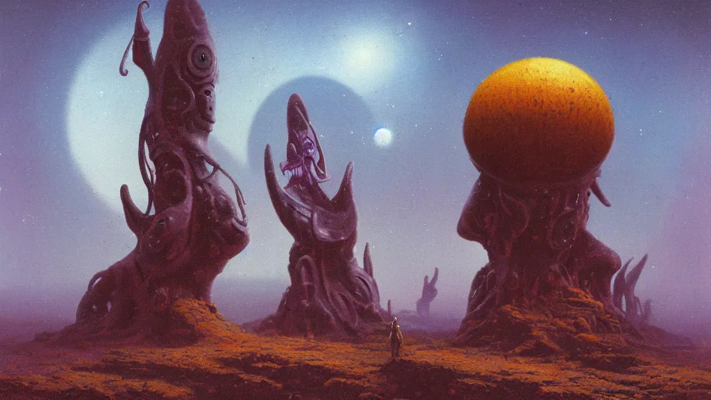 Image similar to mysterious whimsical sculpture of an alien cosmos by paul lehr and john schoenherr, cinematic matte painting