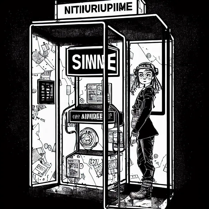 Image similar to sadie sink as a miner inside a minimalist steampunk automated kiosk booth considers food options to choose from. small room. wide angle lens. black and white, pencil and ink. scifi cyberpunk. by gabriel hardman, joe alves, chris bonura. cinematic atmosphere, detailed and intricate, perfect anatomy