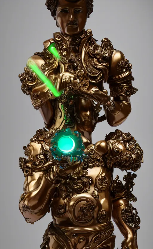 Image similar to a young handsome latino porcelain prince sculpture with a face of a CRT monitor and a large glowing orange crystal in the center of his chest, full-body bronze cyberpunk style statue of Andromeda with glowing green laser eyes, crown of mechanical chrysanthemums, flowing aqua silk, fabric, steampunk flowers. baroque elements, human hands. full-length view. baroque element. intricate artwork by caravaggio. many flying horses on background. Trending on artstation, octane render, cinematic lighting from the right, hyper realism, octane render, 8k, depth of field, 3D