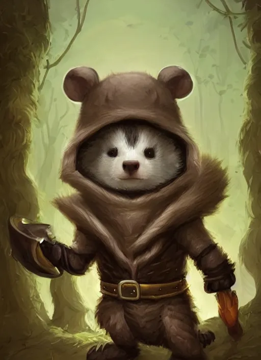 Image similar to cute little anthropomorphic skunk sealer wearing hood of the woodchuckfolk, tiny, small, miniature animal, baby animal, short, pale black armor, cute and adorable, pretty, beautiful, DnD character art portrait, matte fantasy painting, DeviantArt Artstation, by Jason Felix by Steve Argyle by Tyler Jacobson by Peter Mohrbacher, cinematic lighting