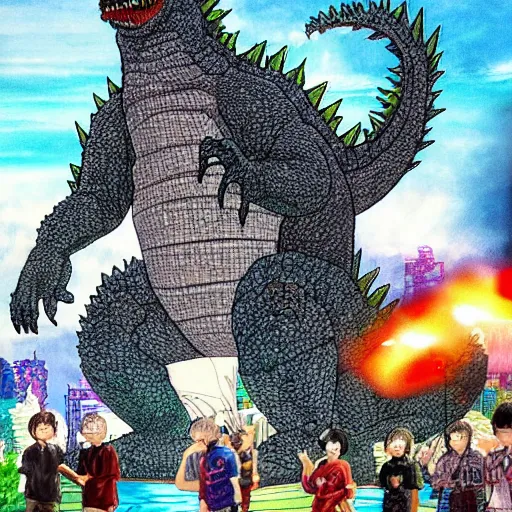 Image similar to a beautiful picture of godzilla birthday party by akira toriyama trending on artstation