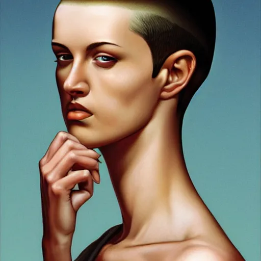 Prompt: a beautiful portrait of a tired, sickly, thin young woman with a buzz cut, by greg hildebrandt