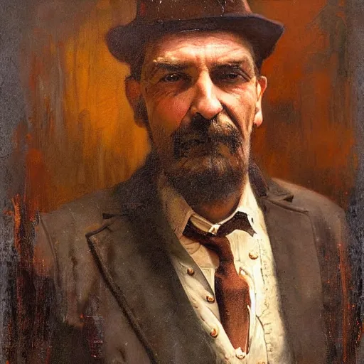 Image similar to Solomon Joseph Solomon and Richard Schmid and Jeremy Lipking victorian genre painting portrait painting of Royal Dano a rugged cowboy gunfighter old west character in fantasy costume, rust background