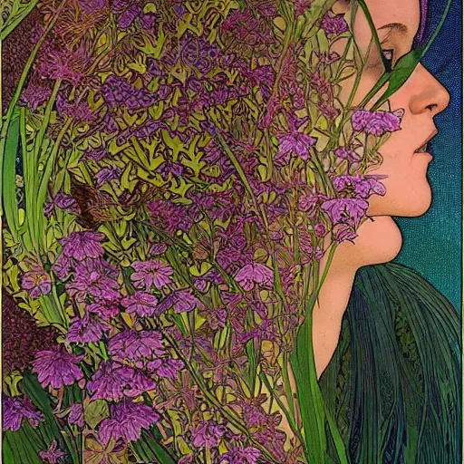 Image similar to portrait of a beautiful healthy wholesome woman made out of wildflowers only flora fauna hyperdetailed intricate detailed maximalist hyperrealism psychedelic nonsensical warped visionary art illusionary art by greg rutowski yoji shinkawa moebius alphonse mucha victo ngai yoji shinkawa apophasis shintaro kago apophasis human body apophasis