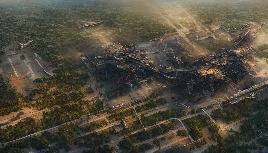 Image similar to destroyed dulles international airport covered by vegetation, sunrise, volumetric light, destroyed planes, destroyed control tower, hyperdetailed, artstation, cgsociety, 8 k